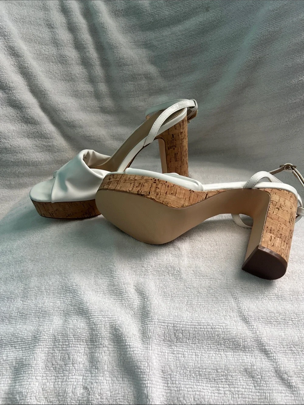 JustFab White Cork Platform Ankle-Strap Heels Size 9.5 White Block Heels